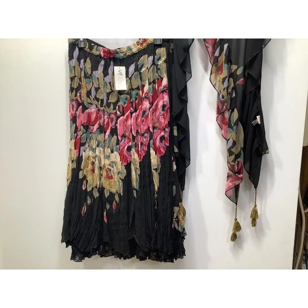 ANU Skirt with Scarf Wrap Black Rose Floral‎ Elastic Waist 2 Layer Boho Lace NWT